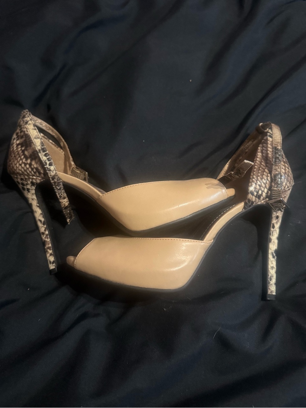 BCBGeneration Beige Peep-Toe Heels with Snakeskin Accents